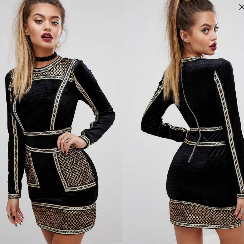 PRETTY LITTLE THING BLACK AND GOLD MINI DRESS S10